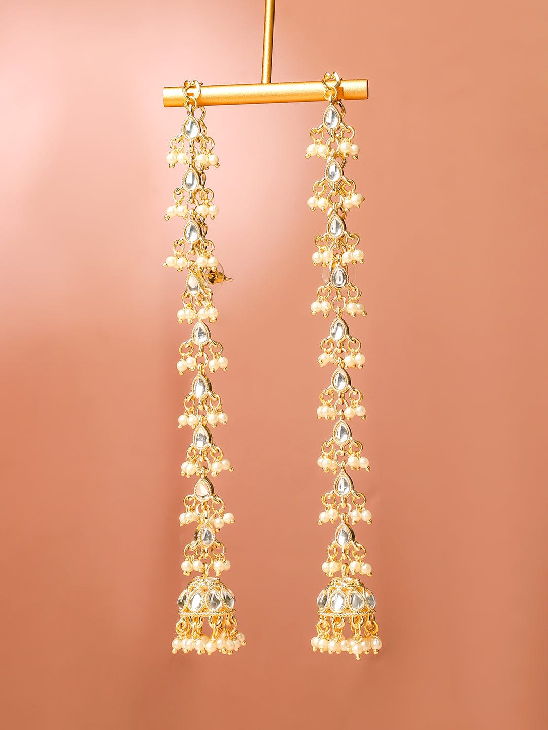 Rubans 18K Gold-Plated White Kundan & Glossy Ruby Pink & White Pearl Beaded Long Jhumka Earring Extension Earrings