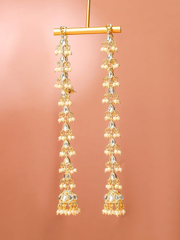Rubans 18K Gold-Plated White Kundan & Glossy Ruby Pink & White Pearl Beaded Long Jhumka Earring Extension Earrings