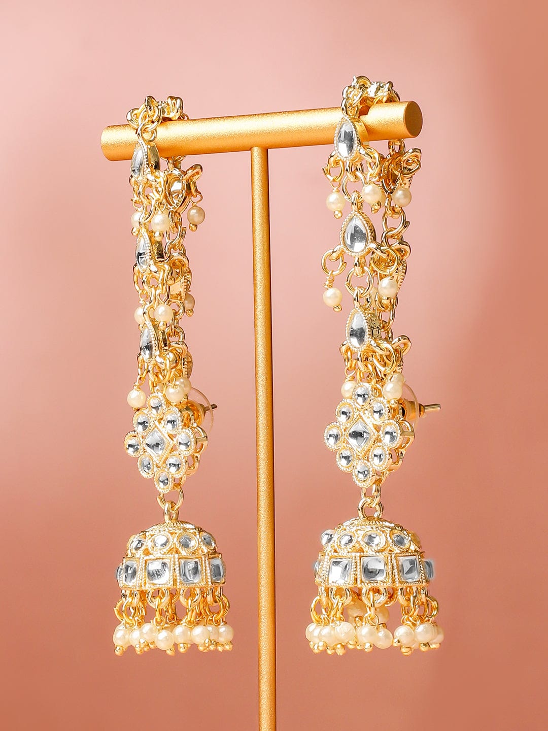 Rubans 18K Gold-Plated White Kundan & Glossy Ruby Pink & White Pearl Beaded Long Jhumka Earring Extension Jhumka Earrings