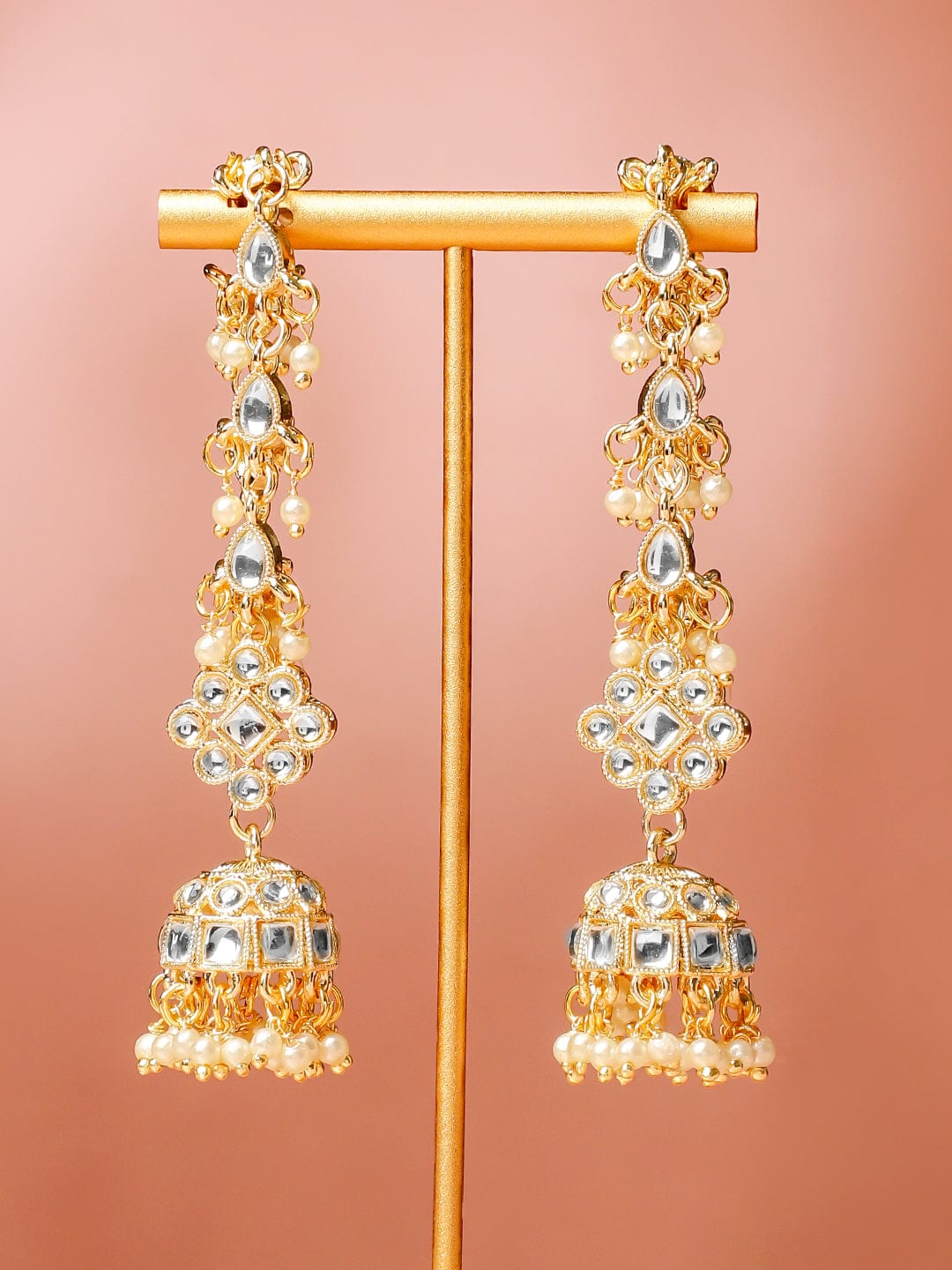 Rubans 18K Gold-Plated White Kundan & Glossy Ruby Pink & White Pearl Beaded Long Jhumka Earring Extension Jhumka Earrings