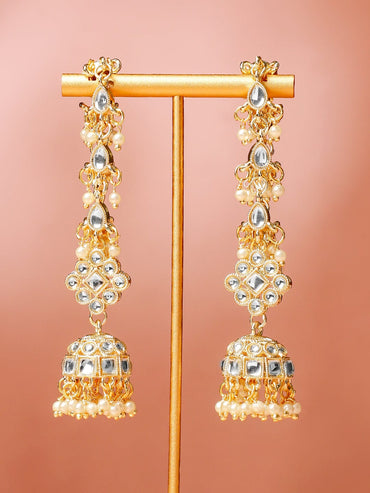 Rubans 18K Gold-Plated White Kundan & Glossy Ruby Pink & White Pearl Beaded Long Jhumka Earring Extension Jhumka Earrings