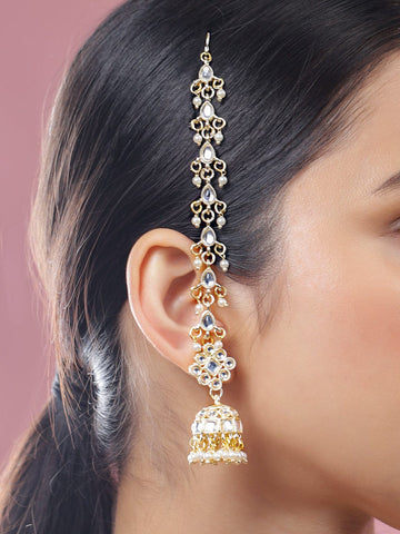 Rubans 18K Gold-Plated White Kundan & Glossy Ruby Pink & White Pearl Beaded Long Jhumka Earring Extension Jhumka Earrings