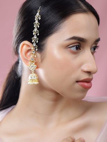 Rubans 18K Gold-Plated White Kundan & Glossy Ruby Pink & White Pearl Beaded Long Jhumka Earring Extension Jhumka Earrings