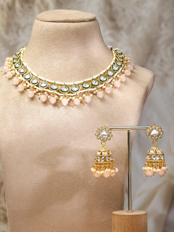 Rubans 18K Gold-Plated White Kundan Necklace Set with Green Enamel, White Pearls and Peach Beads Jewellery Set