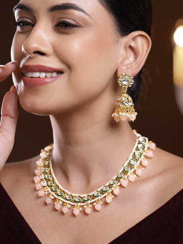 Rubans 18K Gold-Plated White Kundan Necklace Set with Green Enamel, White Pearls and Peach Beads Necklaces, Necklace Sets, Chains & Mangalsutra