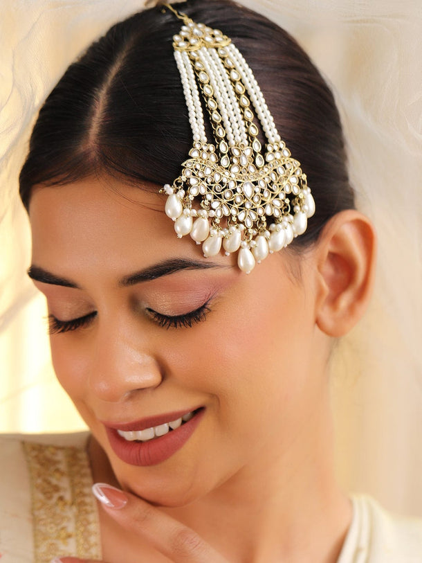Rubans 18K Gold-Plated White Kundan & Pearl Beaded Jhumar Passa Head Jewellery Head Jewellery