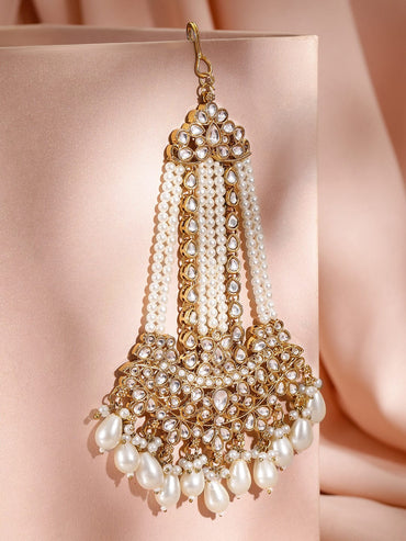 Rubans 18K Gold-Plated White Kundan & Pearl Beaded Jhumar Passa Head Jewellery Head Jewellery