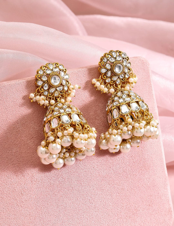 Rubans 18K Gold-Plated White Kundan & Pearl Beaded Traditional Jhumka Earrings Jhumka Earrings