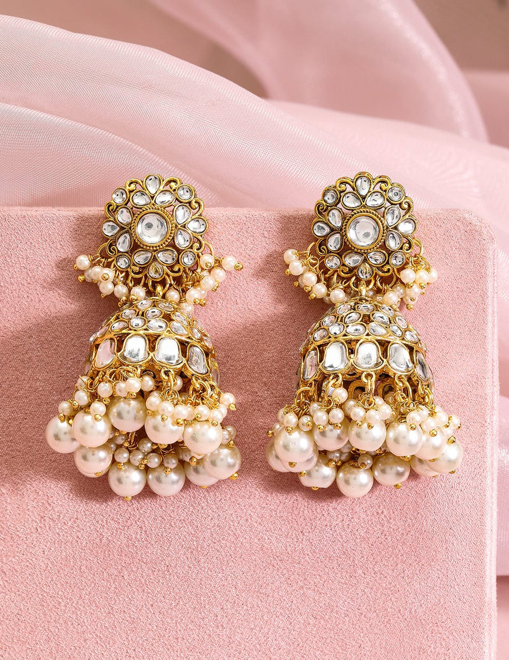 Rubans 18K Gold-Plated White Kundan & Pearl Beaded Traditional Jhumka Earrings Jhumka Earrings