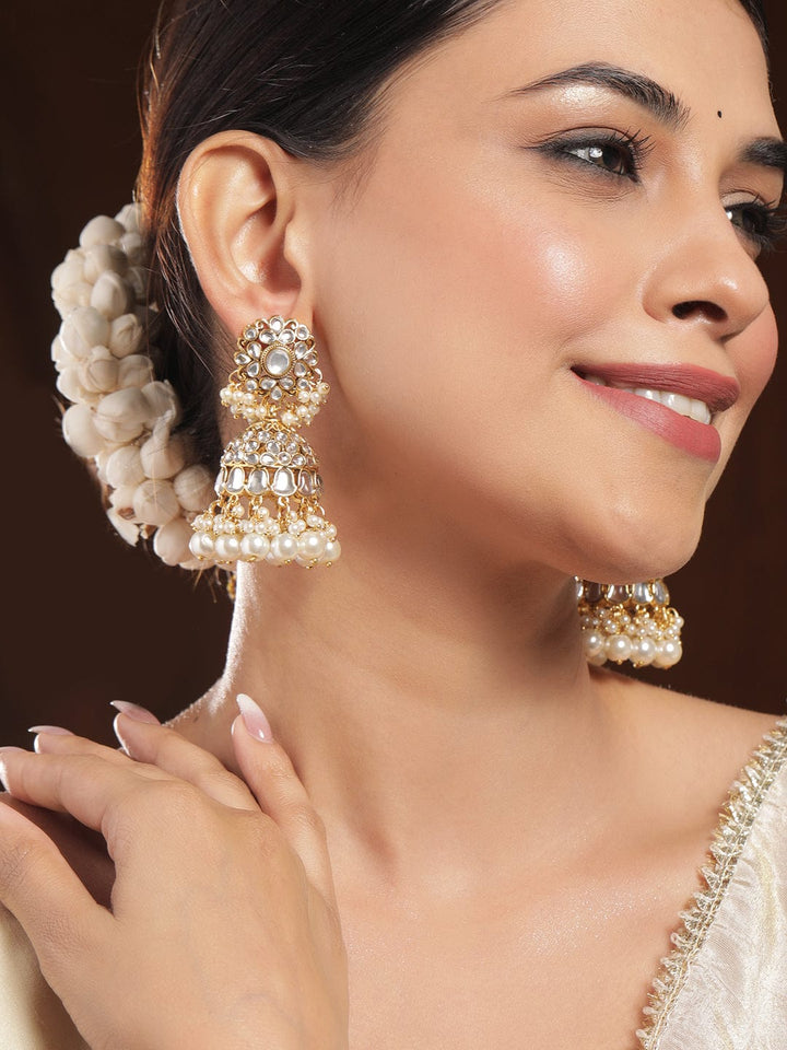 Rubans 18K Gold-Plated White Kundan & Pearl Beaded Traditional Jhumka Earrings Jhumka Earrings