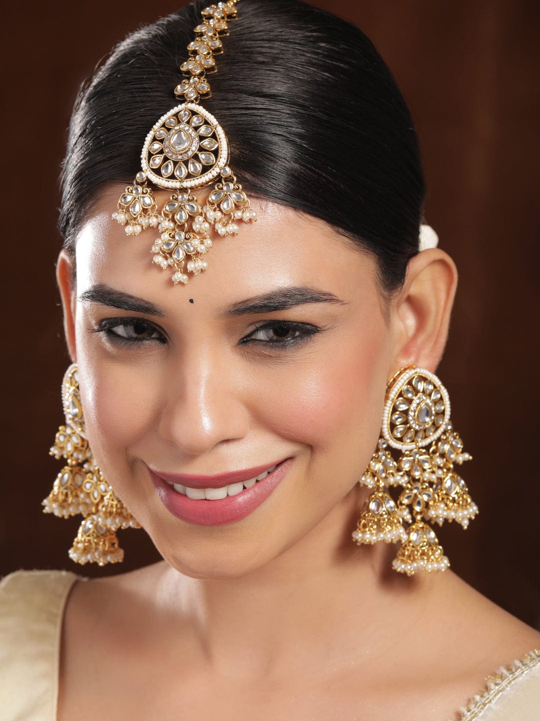 Rubans 18K Gold-Plated White Kundan & Pearl Studded Traditional Maang Tikka & Earrings Set Maang Tikka