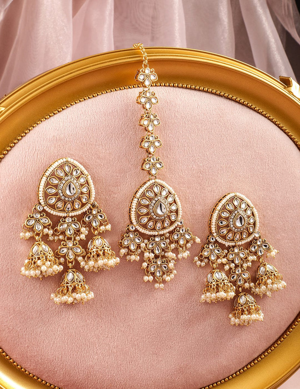 Rubans 18K Gold-Plated White Kundan & Pearl Studded Traditional Maang Tikka & Earrings Set Maang Tikka