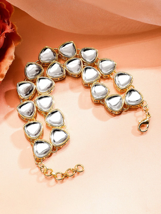 Rubans 18K Gold-Plated White Kundan Studded Double-Layered Statement Bracelet Bangles & Bracelets