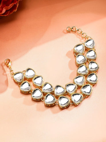 Rubans 18K Gold-Plated White Kundan Studded Double-Layered Statement Bracelet Bangles & Bracelets