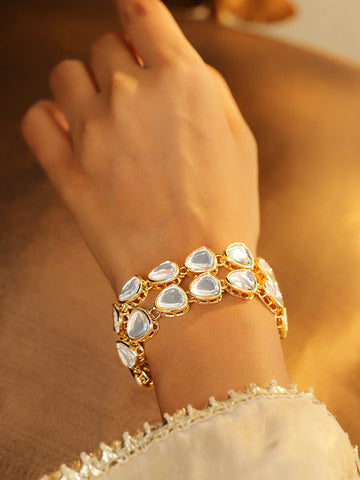 Rubans 18K Gold-Plated White Kundan Studded Double-Layered Statement Bracelet Bangles & Bracelets