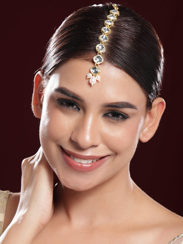 Rubans 18K Gold-Plated White Kundan-Studded Maangtika with White Pearls Head Jewellery