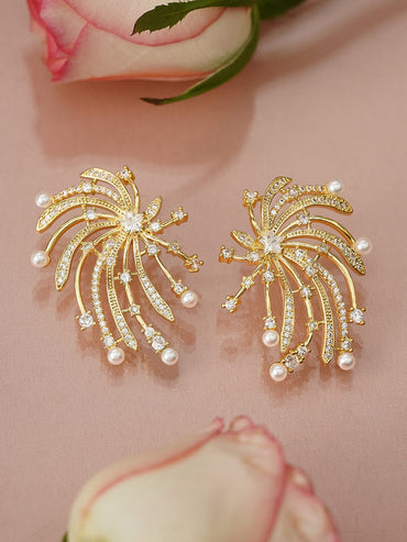 Rubans 18K Gold-Plated White Pearl & AD Studded Firework Design Stud Earrings Earrings