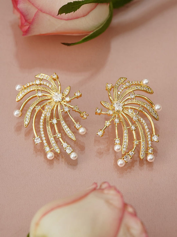 Rubans 18K Gold-Plated White Pearl & AD Studded Firework Design Stud Earrings Earrings