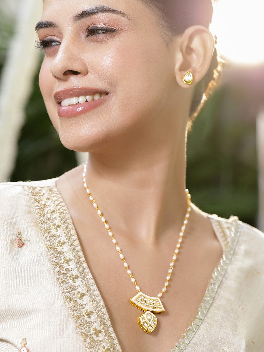 Rubans 18K Gold-Plated White Pearl Beaded & Kundan Studded Pendant Necklace Set Necklaces, Necklace Sets, Chains & Mangalsutra