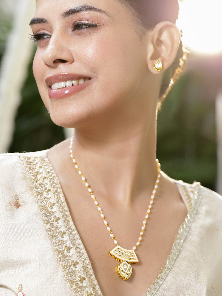 Rubans 18K Gold-Plated White Pearl Beaded & Kundan Studded Pendant Necklace Set Necklaces, Necklace Sets, Chains & Mangalsutra