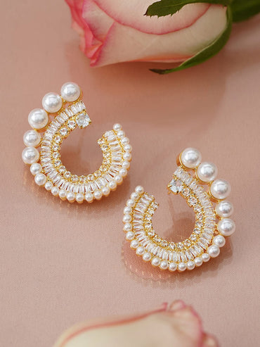 Rubans 18K Gold-Plated White Pearl & Cubic Zirconia Studded Spiral Design Stud Earrings Earrings