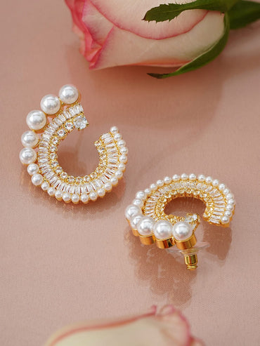 Rubans 18K Gold-Plated White Pearl & Cubic Zirconia Studded Spiral Design Stud Earrings Earrings