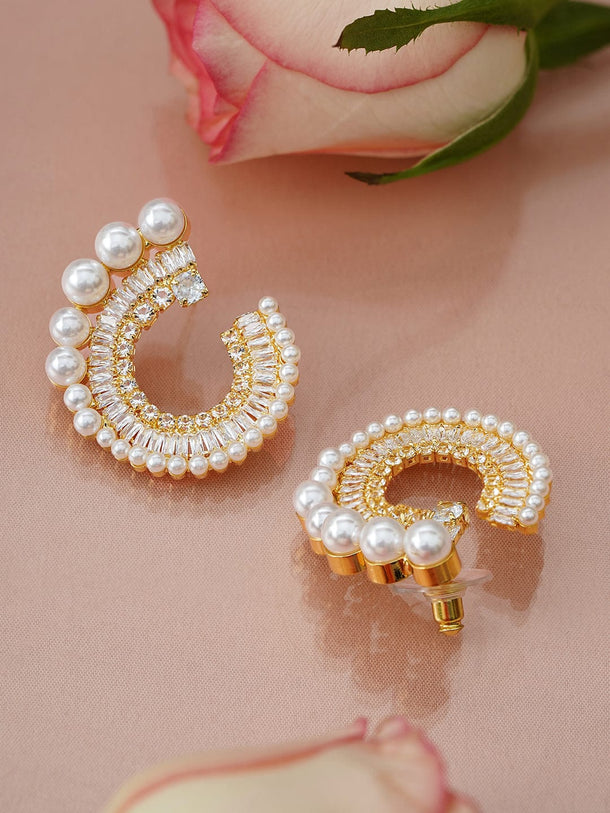 Rubans 18K Gold-Plated White Pearl & Cubic Zirconia Studded Spiral Design Stud Earrings Earrings