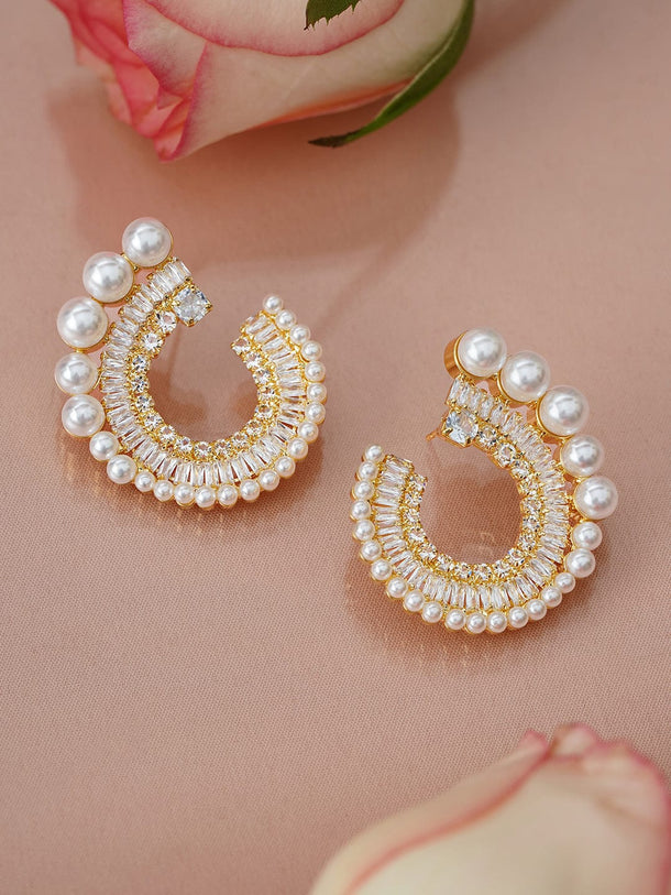 Rubans 18K Gold-Plated White Pearl & Cubic Zirconia Studded Spiral Design Stud Earrings Earrings