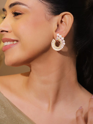 Rubans 18K Gold-Plated White Pearl & Cubic Zirconia Studded Spiral Design Stud Earrings Earrings