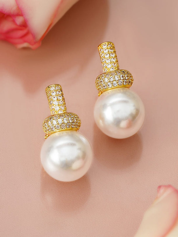 Rubans 18K Gold-Plated White Pearl Drop Minimal Earrings with Cubic Zirconia Accents Earrings