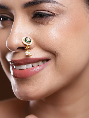 Rubans 18K Gold-Plated White Stone Oval Non-Pierced Clip-On Nath with Green Enamel & Pearl Drops Nose ring