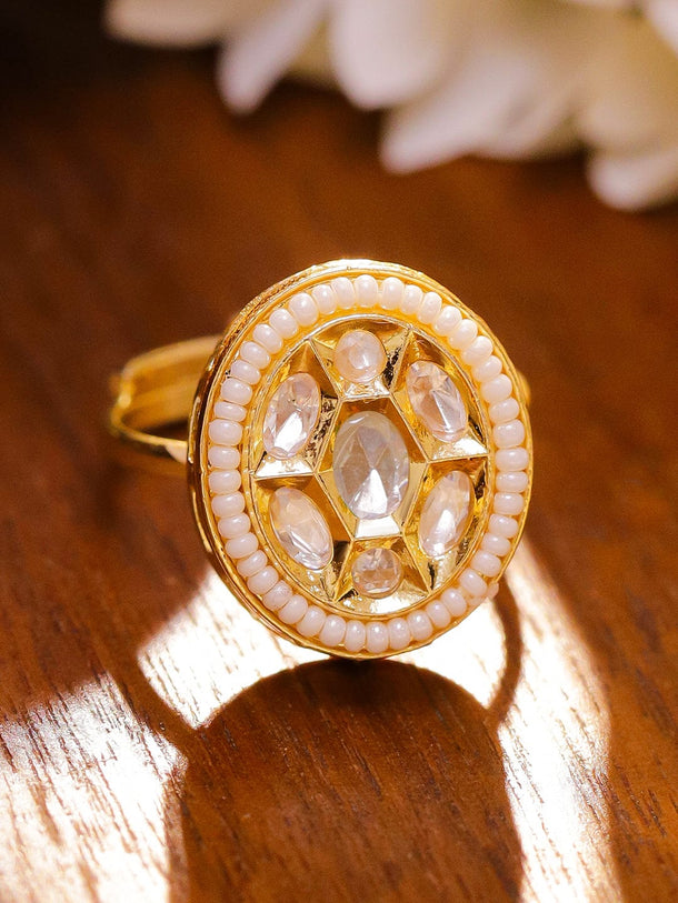 Rubans 18K Gold-Plated White Stone with Kundan & Pearl Studded Adjustable Ring Ring