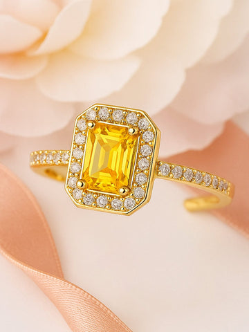 Rubans 18K Gold-Plated Yellow Sapphire Emerald Cut Cubic Zirconia Studded Adjustable Ring Finger Ring