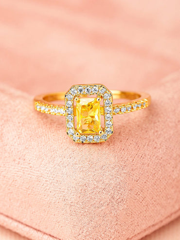 Rubans 18K Gold-Plated Yellow Sapphire Emerald Cut Cubic Zirconia Studded Adjustable Ring Rings