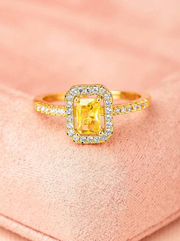 Rubans 18K Gold-Plated Yellow Sapphire Emerald Cut Cubic Zirconia Studded Adjustable Ring Rings