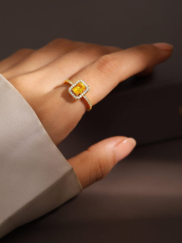 Rubans 18K Gold-Plated Yellow Sapphire Emerald Cut Cubic Zirconia Studded Adjustable Ring Rings