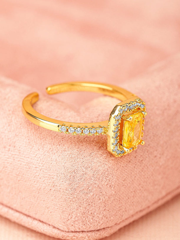 Rubans 18K Gold-Plated Yellow Sapphire Emerald Cut Cubic Zirconia Studded Adjustable Ring Rings