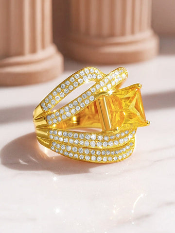 Rubans 18K Gold-Plated Yellow Sapphire Stone & Criss-Cross Cubic Zirconia Cubic Zirconia Studded Adjustable Ring Finger Ring