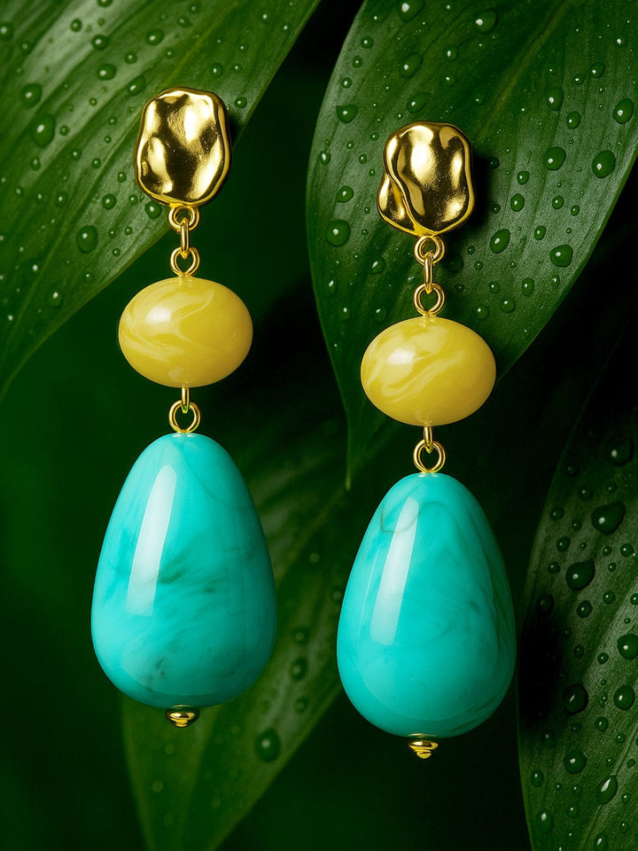 Rubans 18K Gold-Plated Yellow & Turquoise Beaded Stylish Drop Earrings Earrings