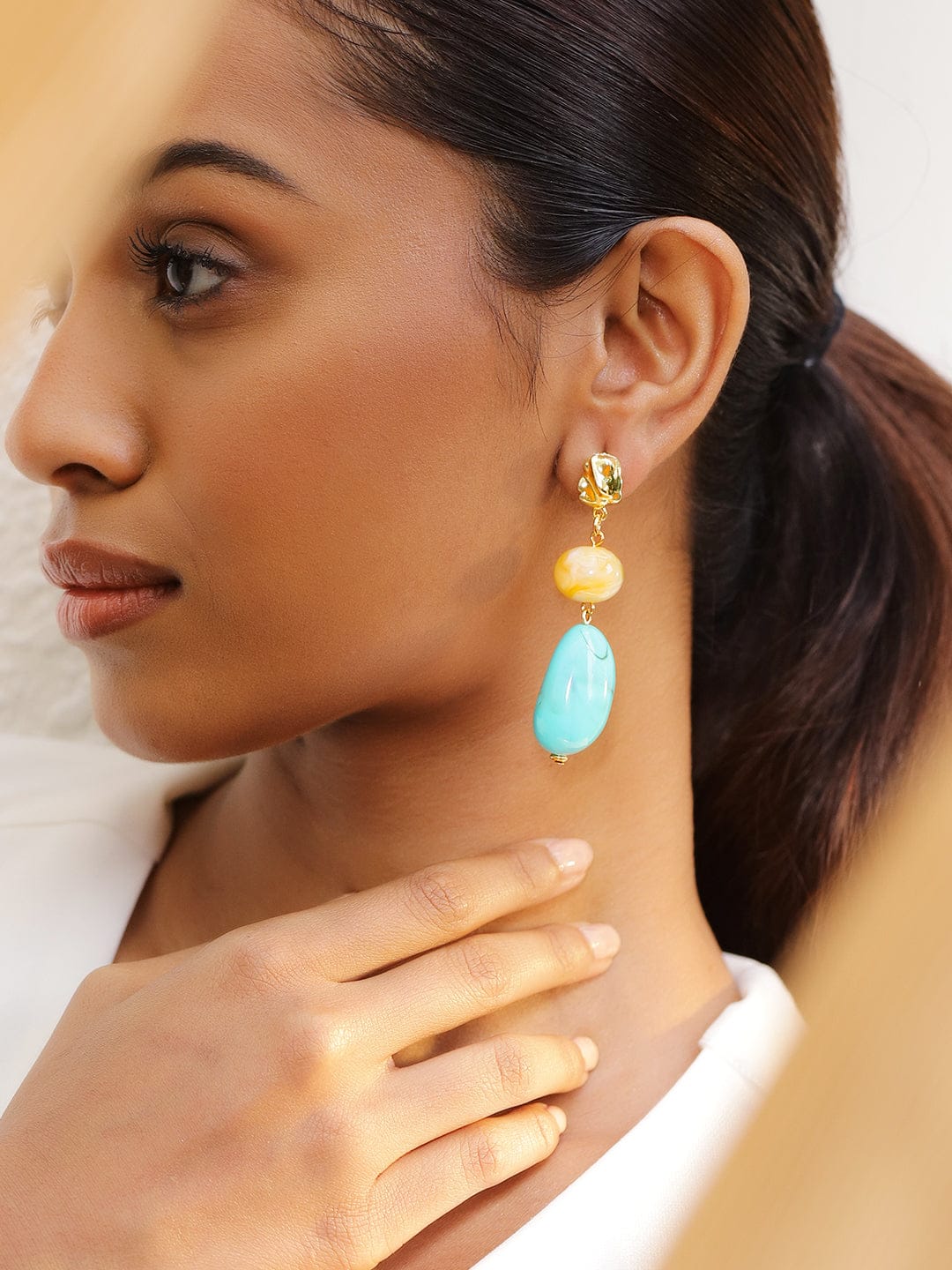 Rubans 18K Gold-Plated Yellow & Turquoise Beaded Stylish Drop Earrings Earrings