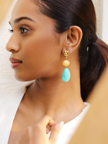 Rubans 18K Gold-Plated Yellow & Turquoise Beaded Stylish Drop Earrings Earrings
