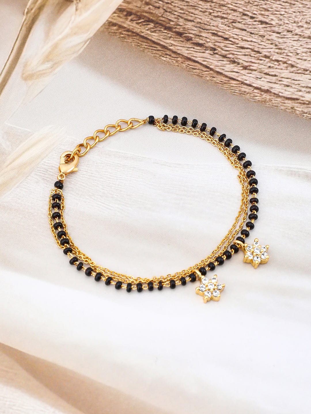 Rubans 18K Gold-Plated Zirconia Drops with Black & Gold Beaded Mangalsutra Bracelet Mangalsutra