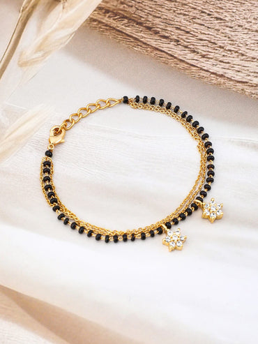 Rubans 18K Gold-Plated Zirconia Drops with Black & Gold Beaded Mangalsutra Bracelet Mangalsutra