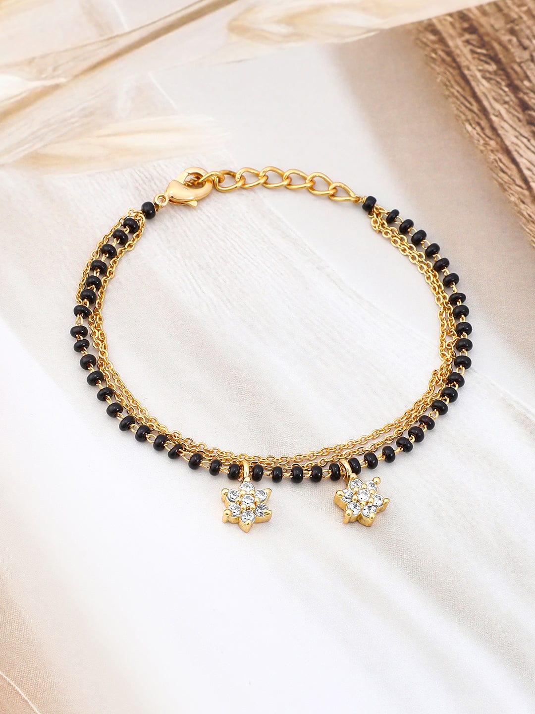 Rubans 18K Gold-Plated Zirconia Drops with Black & Gold Beaded Mangalsutra Bracelet Mangalsutra