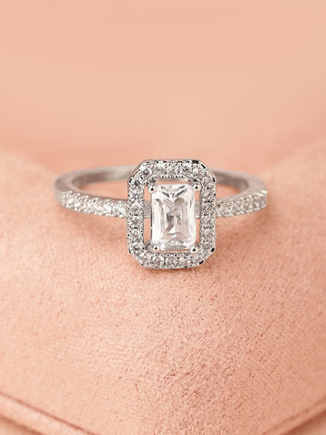 Rubans 18K Gold & Rhodium-Plated White Emerald-Cut Cubic Zirconia Studded Adjustable Finger Ring Rings