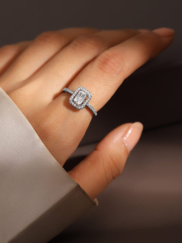 Rubans 18K Gold & Rhodium-Plated White Emerald-Cut Cubic Zirconia Studded Adjustable Finger Ring Rings