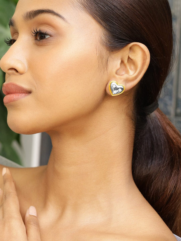 Rubans 18K Gold & Silver Dual-Plated Heart-Shaped Cubic Zirconia Stud Earrings Earrings