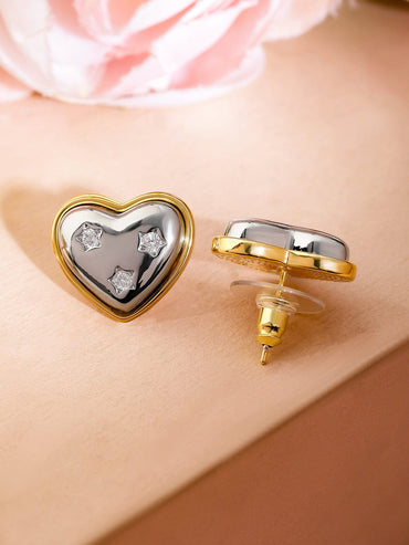 Rubans 18K Gold & Silver Dual-Plated Heart-Shaped Cubic Zirconia Stud Earrings Earrings