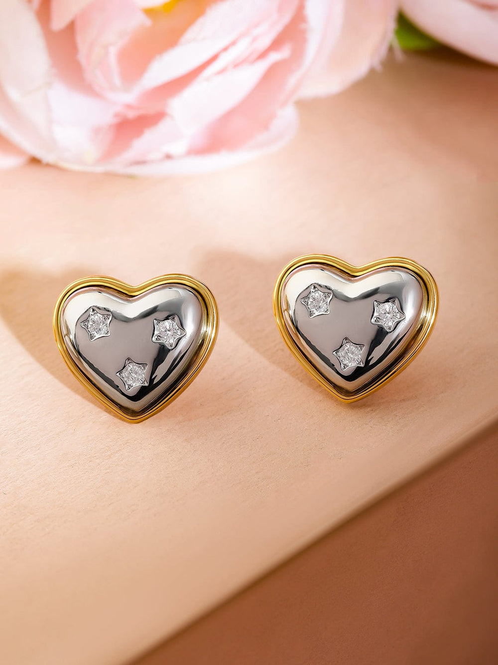 Rubans 18K Gold & Silver Dual-Plated Heart-Shaped Cubic Zirconia Stud Earrings Earrings