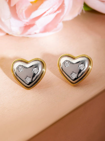 Rubans 18K Gold & Silver Dual-Plated Heart-Shaped Cubic Zirconia Stud Earrings Earrings